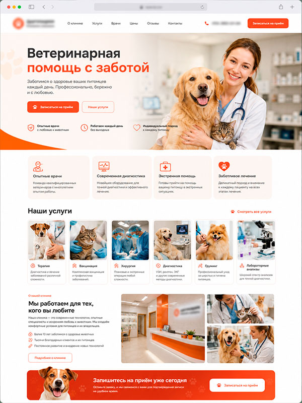 Лендинг для ветклиники — пример работы студии Важнова Веб